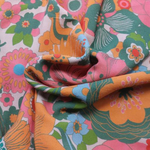 Petulia Viscose Crepe. Orange, pink, blue, green vintage floral print