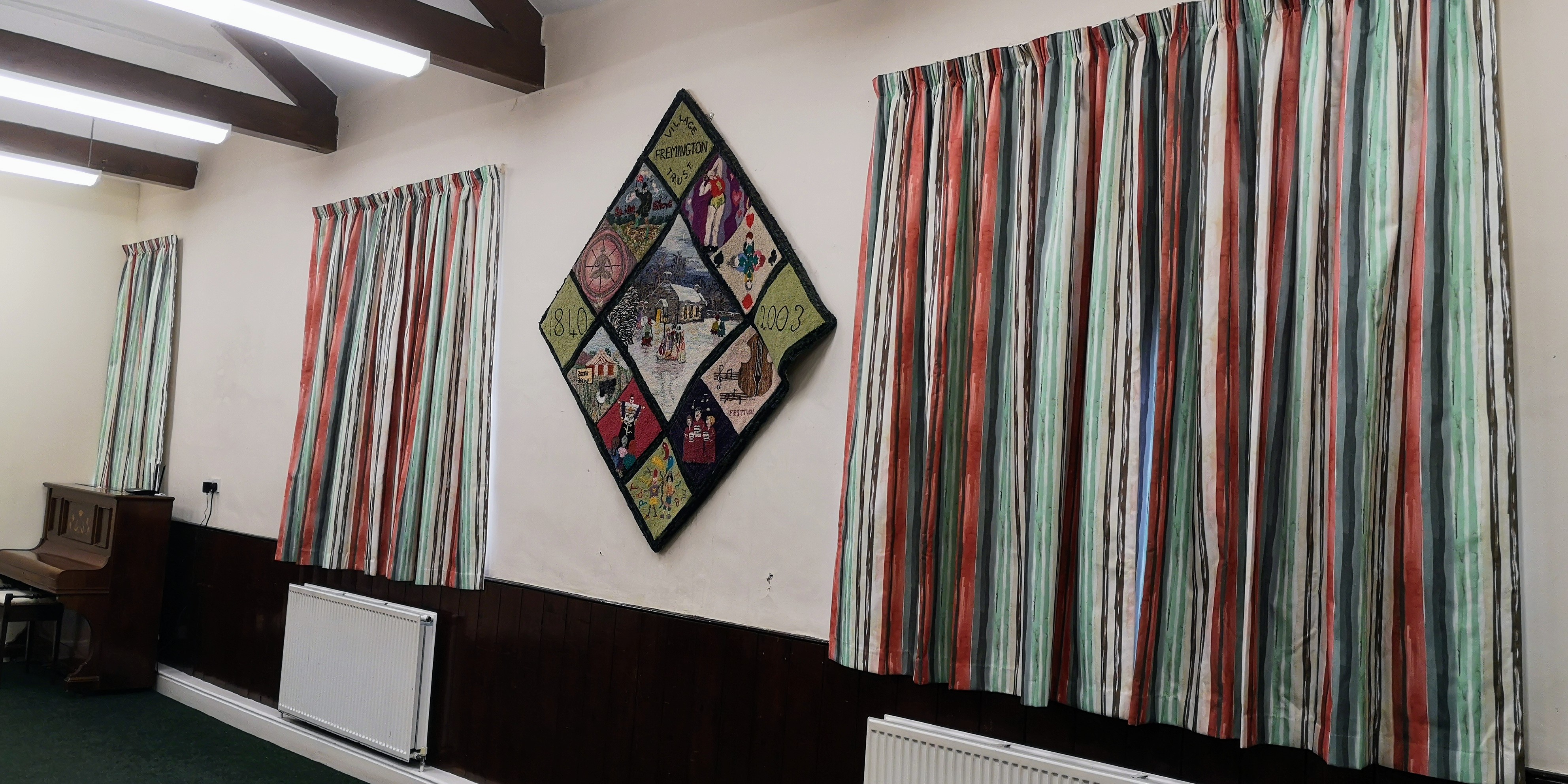 Printed stripe blackout curtains for the church hall