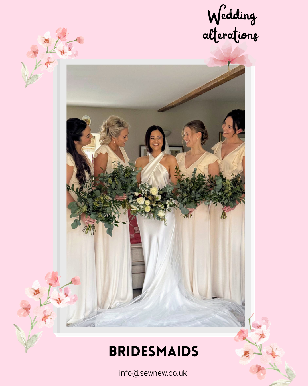 A group of 5 young ladies in bridesmaids dresses and 1 in a wedding dress.png